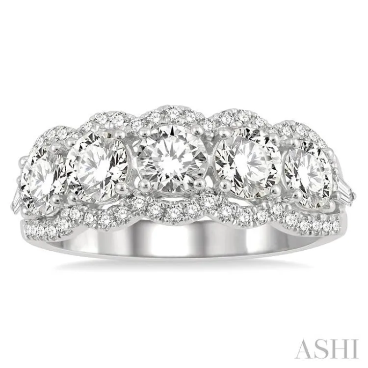 2 ctw Scalloped Edge Circular Mount 5-Stone Baguette and Round Cut Diamond Fashion Ring in 14K White Gold