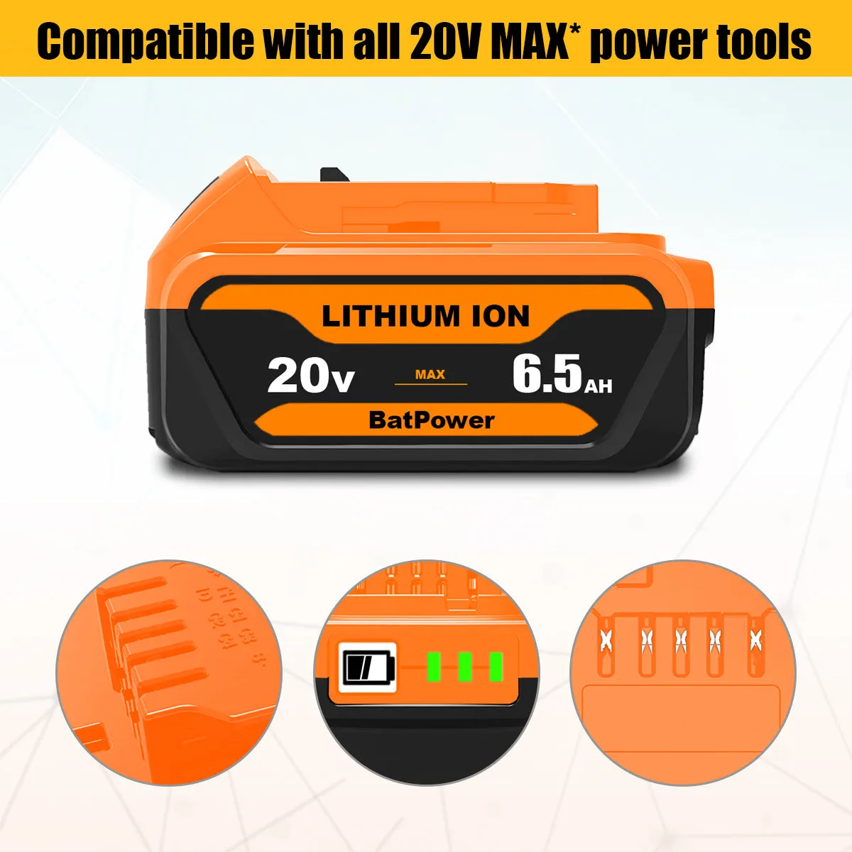 6.5Ah 20V Max Battery Premium 6.0Ah DCB206 Replacement for Dewalt 20V Battery 6.0Ah 5.0Ah 4.0Ah DCB206 DCB204 DCB205-2 Lithium Ion 20v Max XR Battery