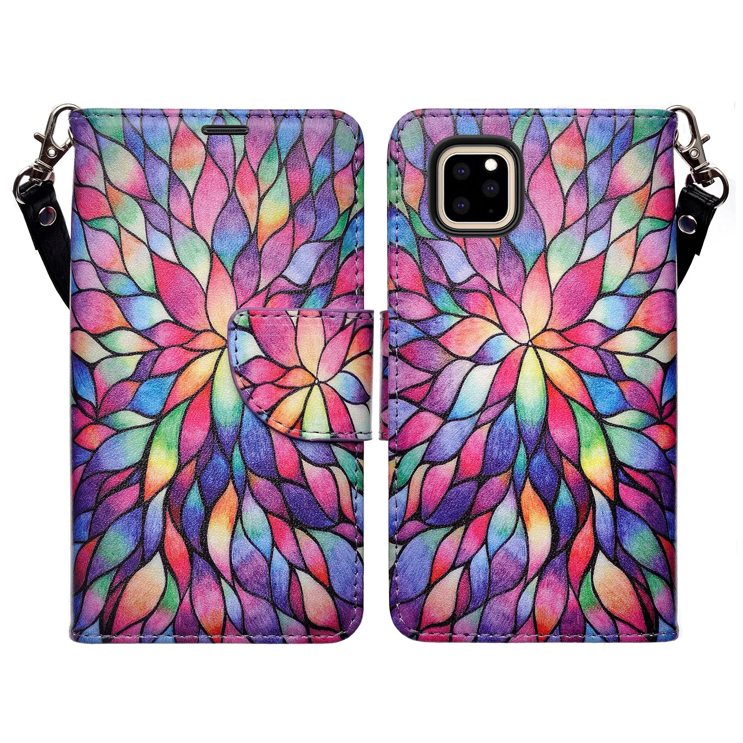 Apple iPhone 11 Pro Case, iPhone 11 Pro Wallet Case, Wrist Strap Pu Leather Wallet Case [Kickstand] with ID & Credit Card Slots - Rainbow Flower