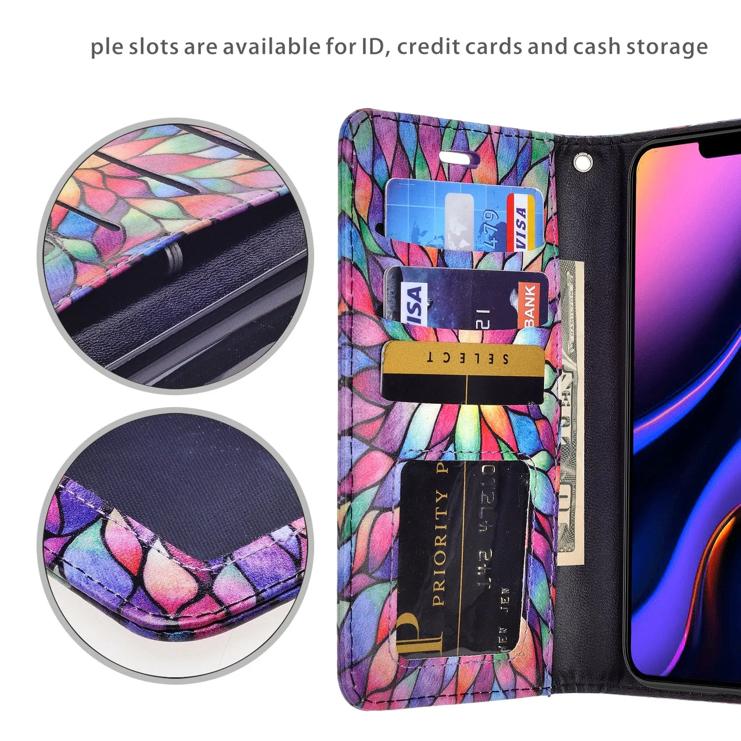 Apple iPhone 11 Pro Case, iPhone 11 Pro Wallet Case, Wrist Strap Pu Leather Wallet Case [Kickstand] with ID & Credit Card Slots - Rainbow Flower