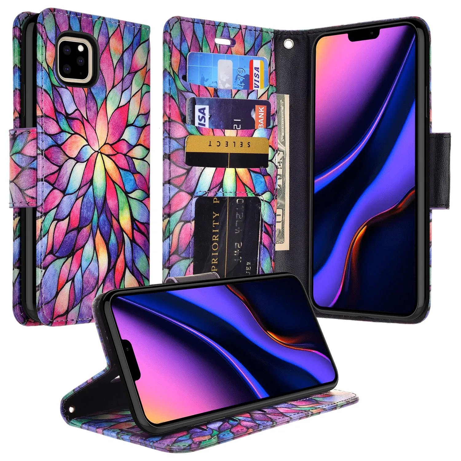 Apple iPhone 11 Pro Case, iPhone 11 Pro Wallet Case, Wrist Strap Pu Leather Wallet Case [Kickstand] with ID & Credit Card Slots - Rainbow Flower