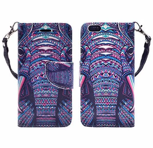 Apple iPhone 6s / 6 Case, Wrist Strap Pu Leather Wallet Case with ID & Card Slots for Iphone 6S/6 - Tribal Elephant