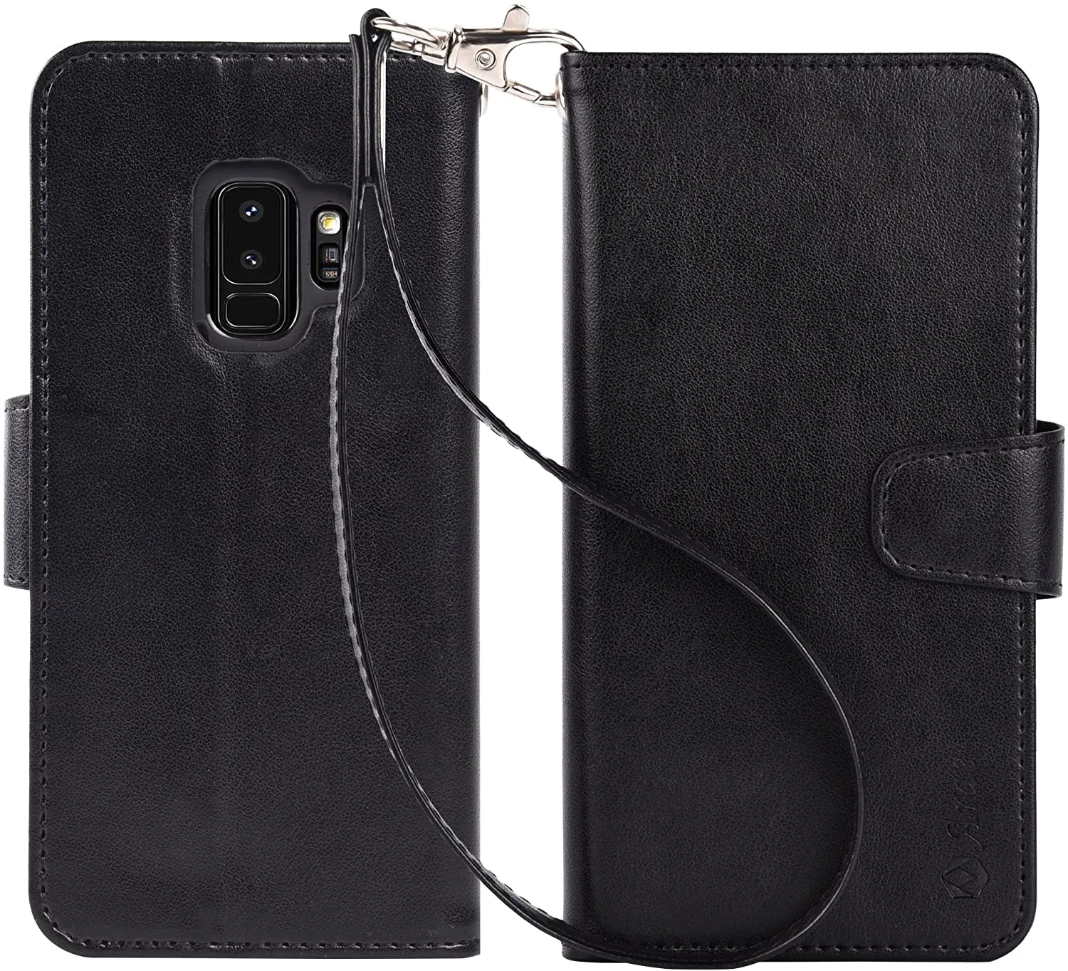 Arae Case Compatible for Samsung Galaxy S9, [Wrist Strap] Flip Folio [Kickstand Feature] PU Leather Wallet case with ID&Credit Card Pockets [Not for Galaxy S9 Plus] - Black