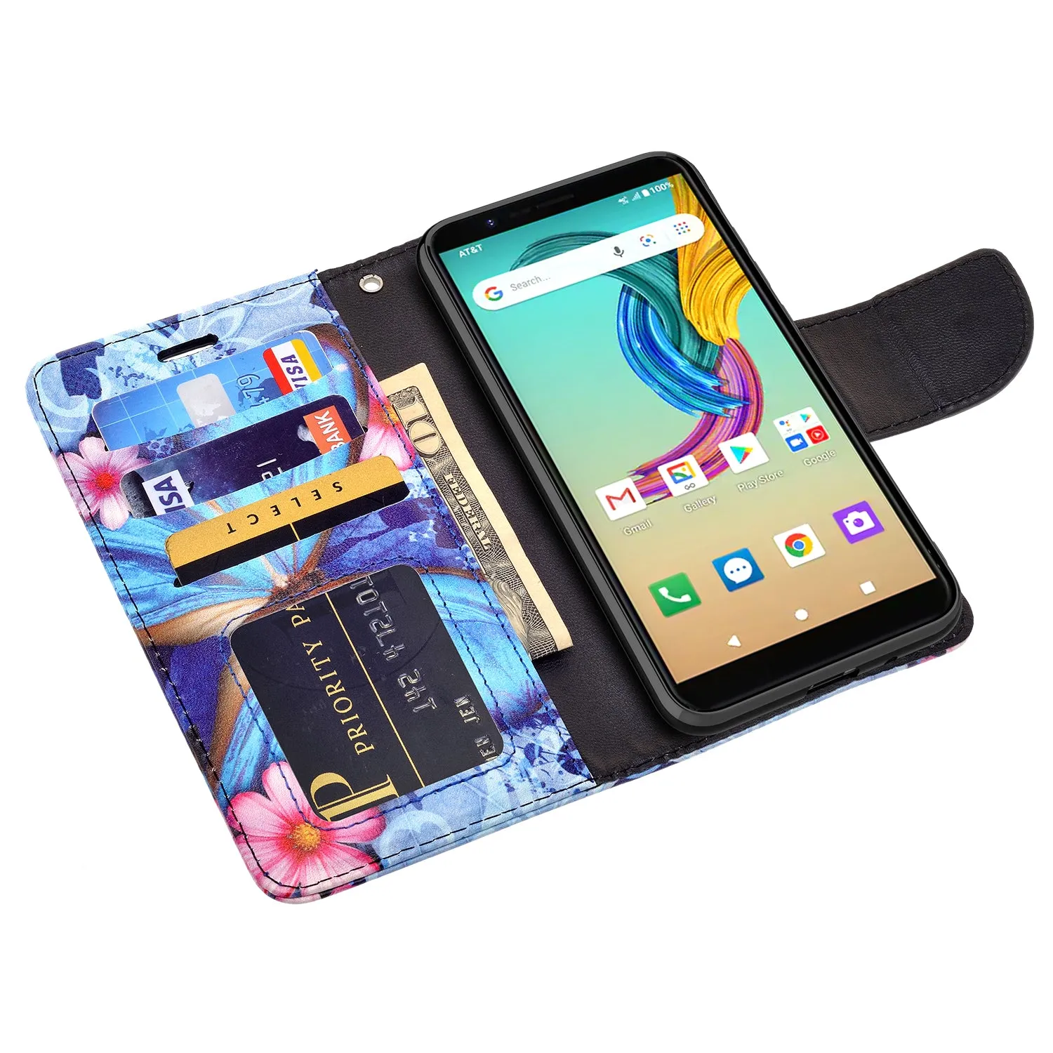 AT&T Fusion Z / Motivate Case, AT&T Fusion Z / Motivate Wallet Case, Wrist Strap Pu Leather Wallet Case [Kickstand] with ID & Credit Card Slots - Blue Butterfly