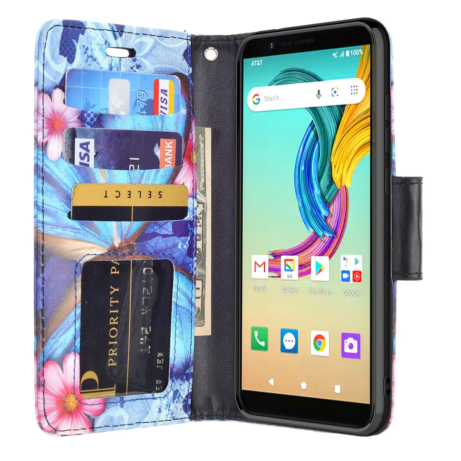 AT&T Fusion Z / Motivate Case, AT&T Fusion Z / Motivate Wallet Case, Wrist Strap Pu Leather Wallet Case [Kickstand] with ID & Credit Card Slots - Blue Butterfly