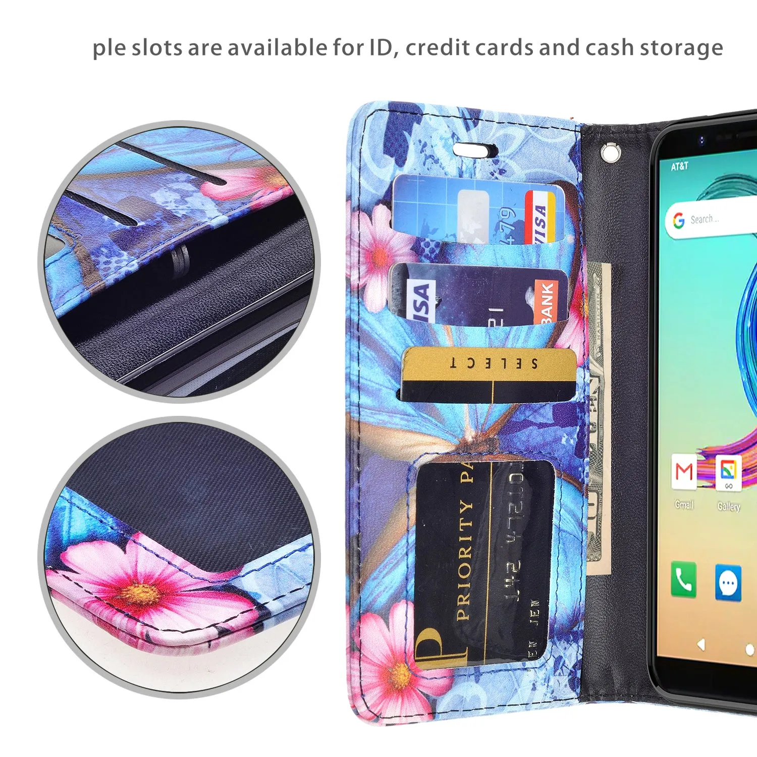 AT&T Fusion Z / Motivate Case, AT&T Fusion Z / Motivate Wallet Case, Wrist Strap Pu Leather Wallet Case [Kickstand] with ID & Credit Card Slots - Blue Butterfly