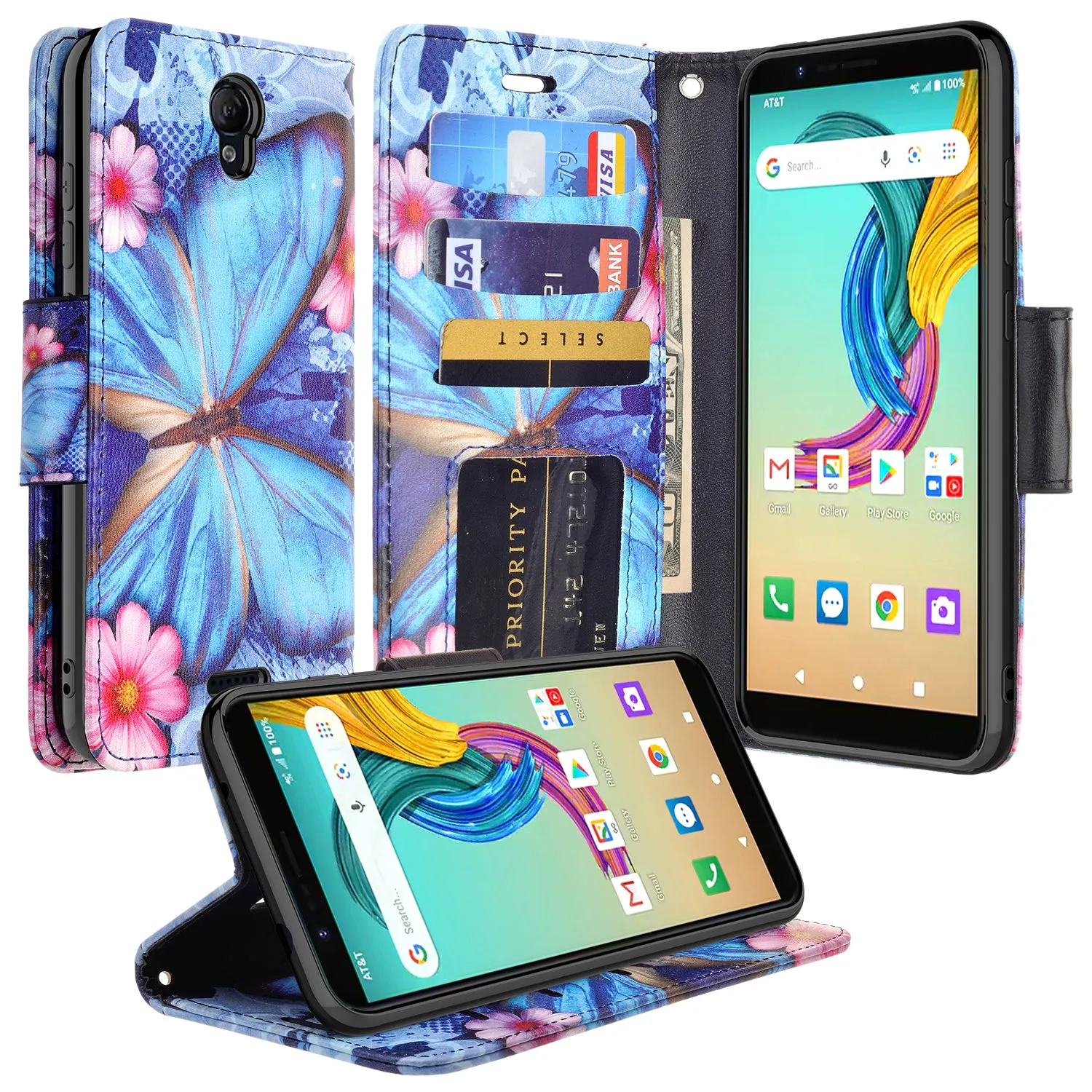 AT&T Fusion Z / Motivate Case, AT&T Fusion Z / Motivate Wallet Case, Wrist Strap Pu Leather Wallet Case [Kickstand] with ID & Credit Card Slots - Blue Butterfly