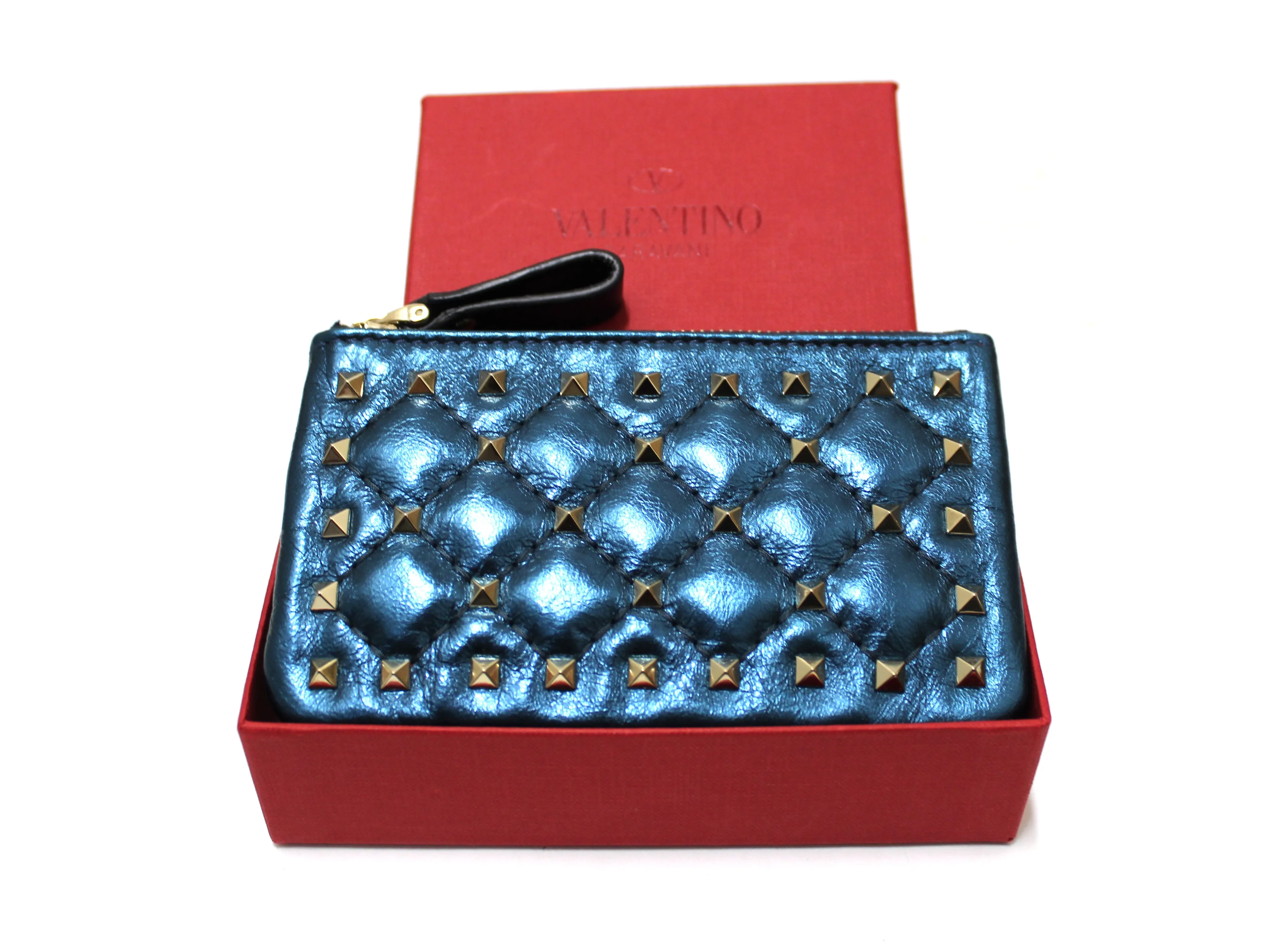 Authentic New Valentino Metallic Blue Craquele Lambskin Rockstud Spike Key Coin Card Pouch