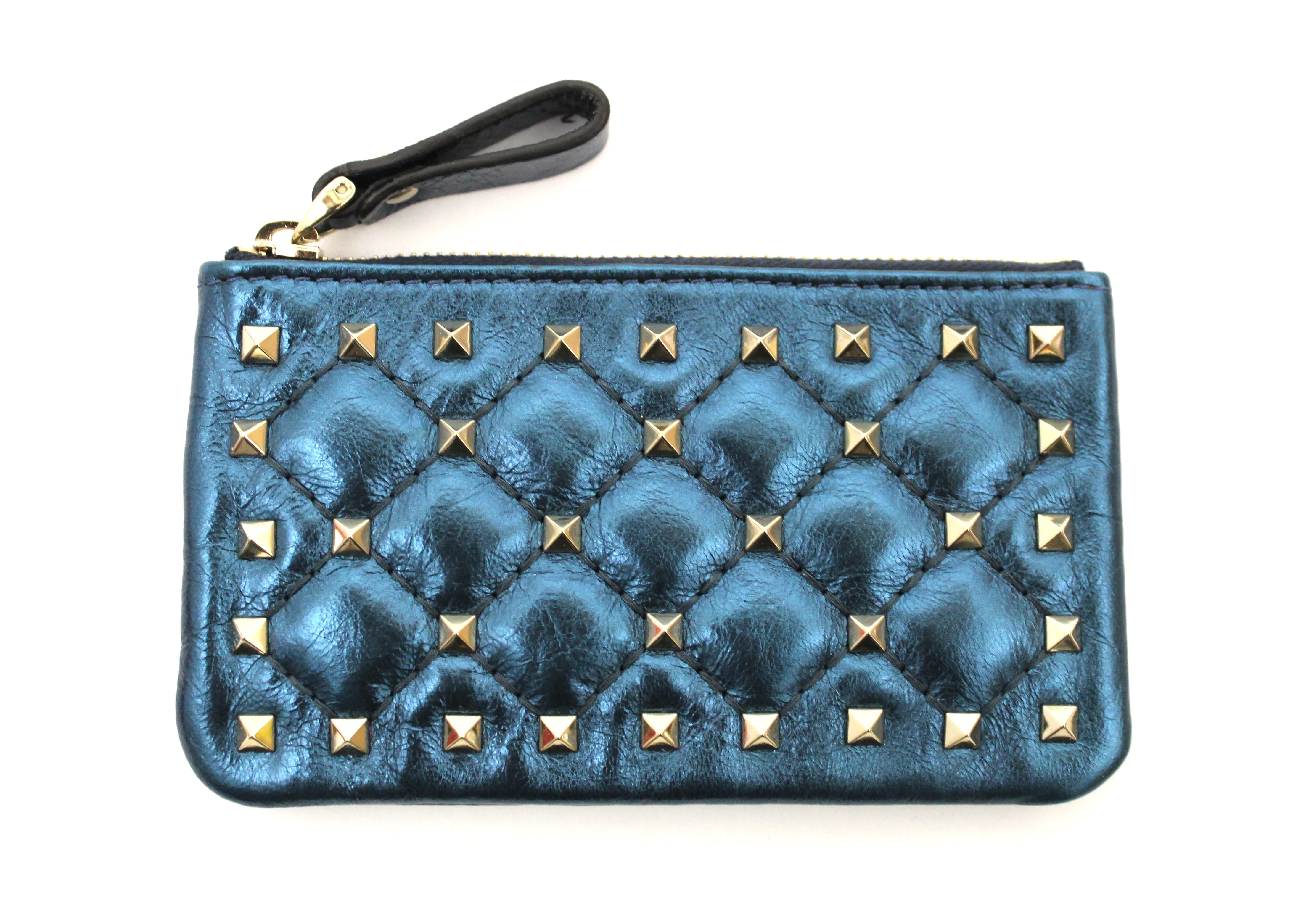 Authentic New Valentino Metallic Blue Craquele Lambskin Rockstud Spike Key Coin Card Pouch