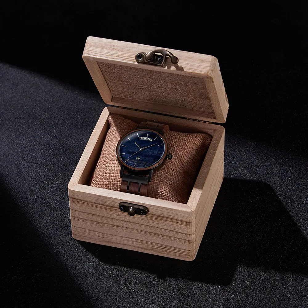 Bali - Black Steel & Walnut Blue Ocean Face Men Watch