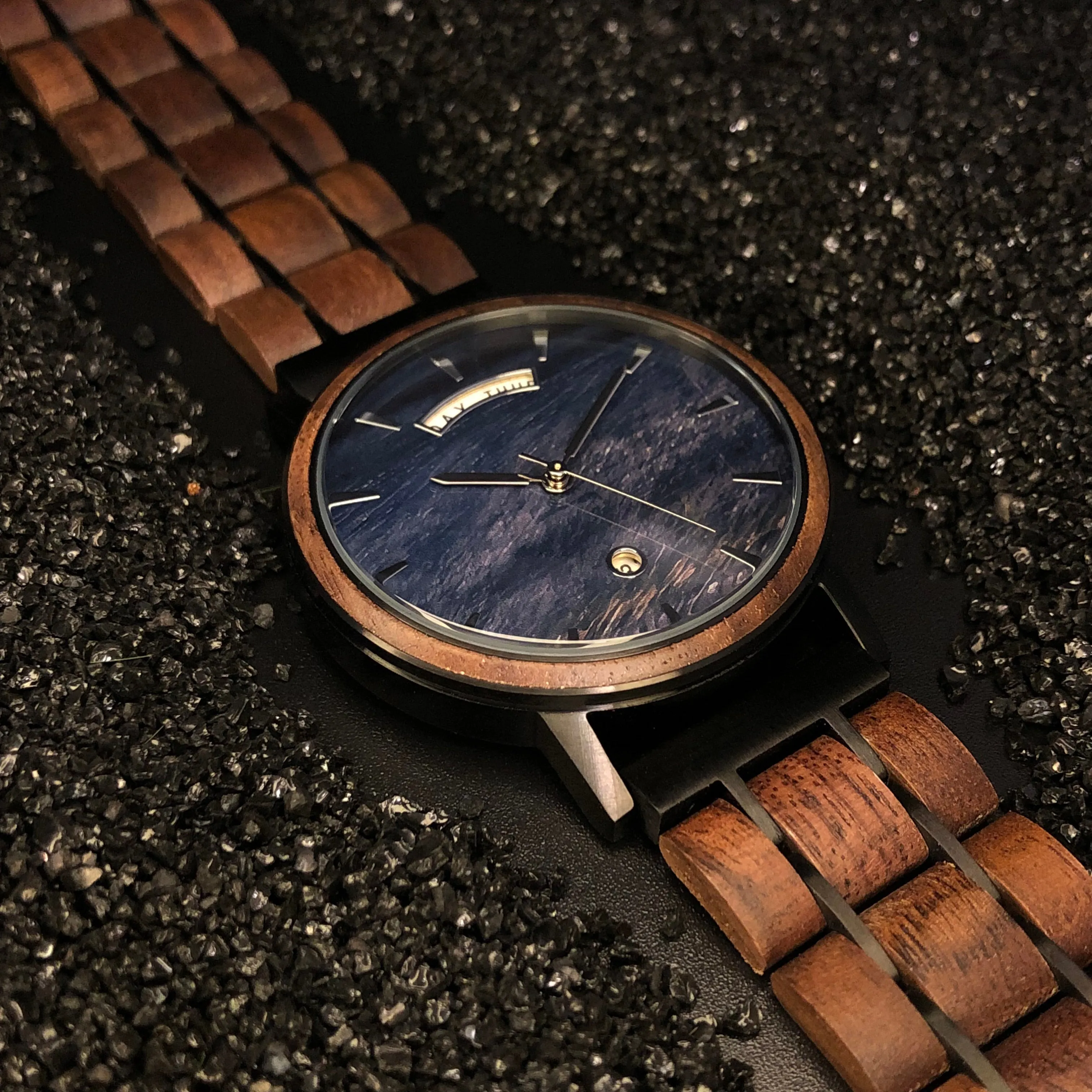 Bali - Black Steel & Walnut Blue Ocean Face Men Watch