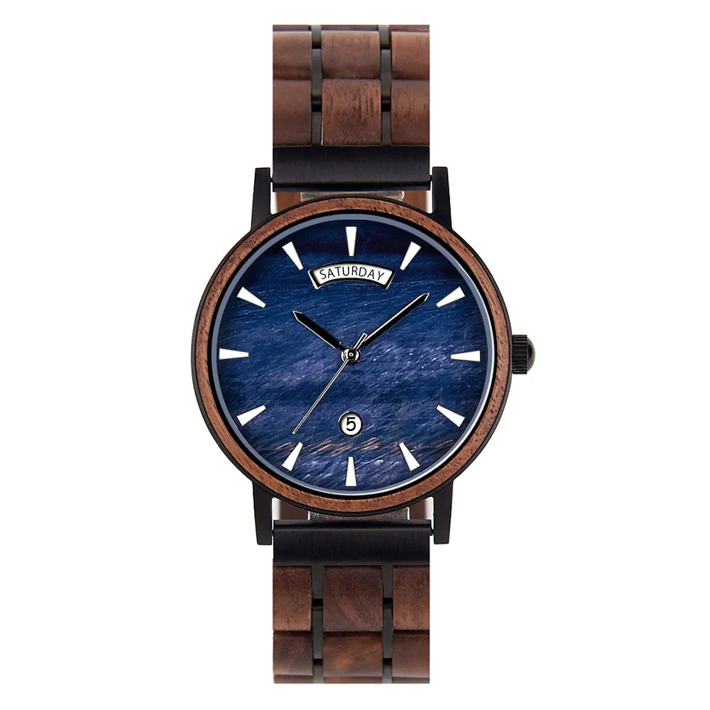 Bali - Black Steel & Walnut Blue Ocean Face Men Watch