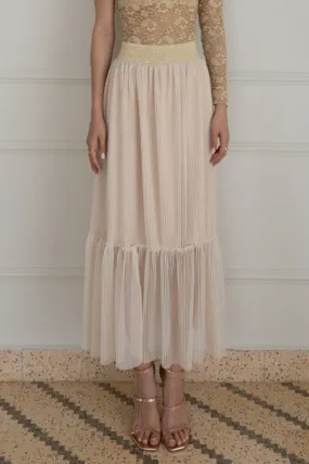 Beige Pleated Tulle Maxi Prairie Skirt (S)