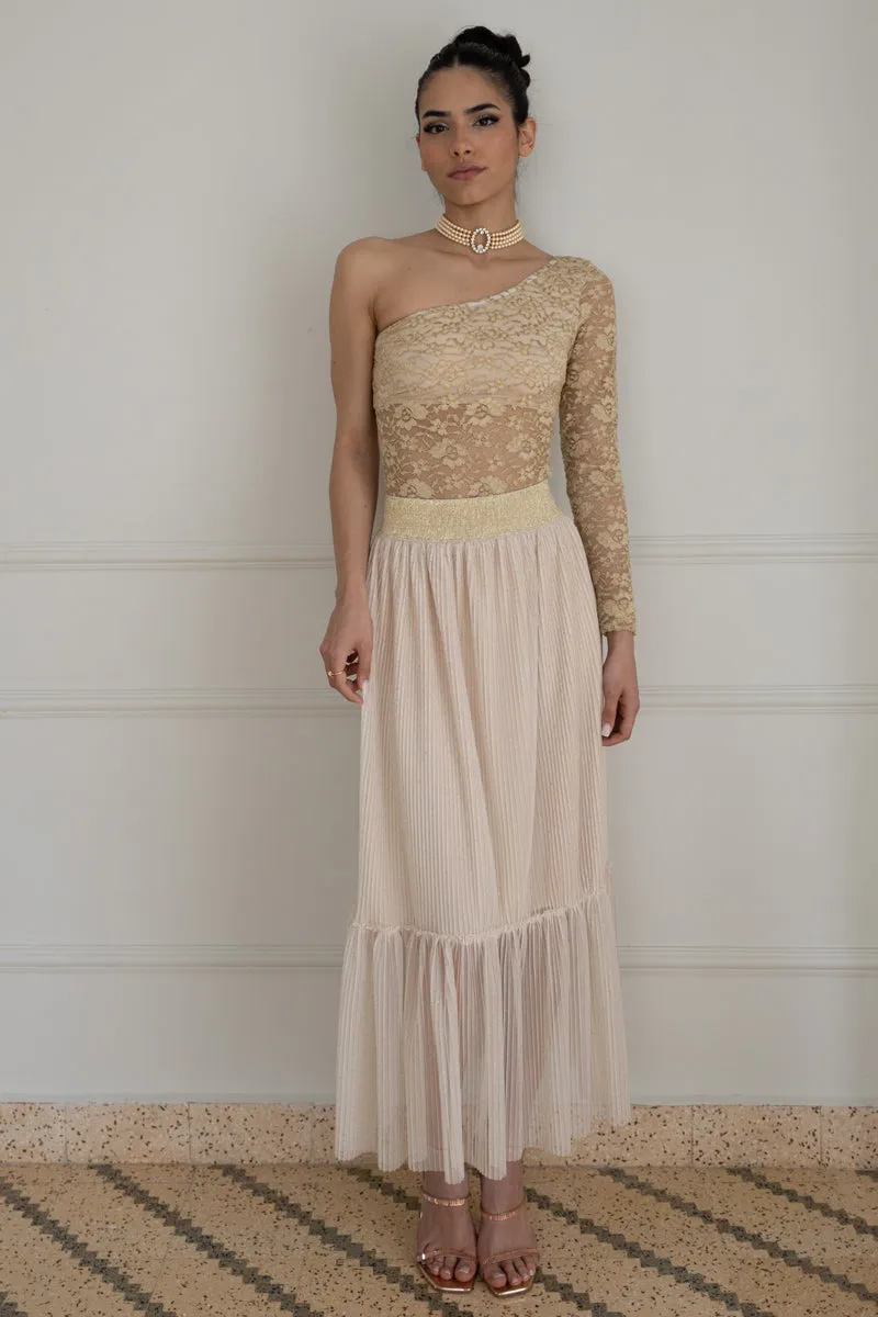 Beige Pleated Tulle Maxi Prairie Skirt (S)