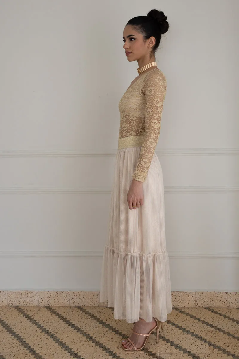 Beige Pleated Tulle Maxi Prairie Skirt (S)