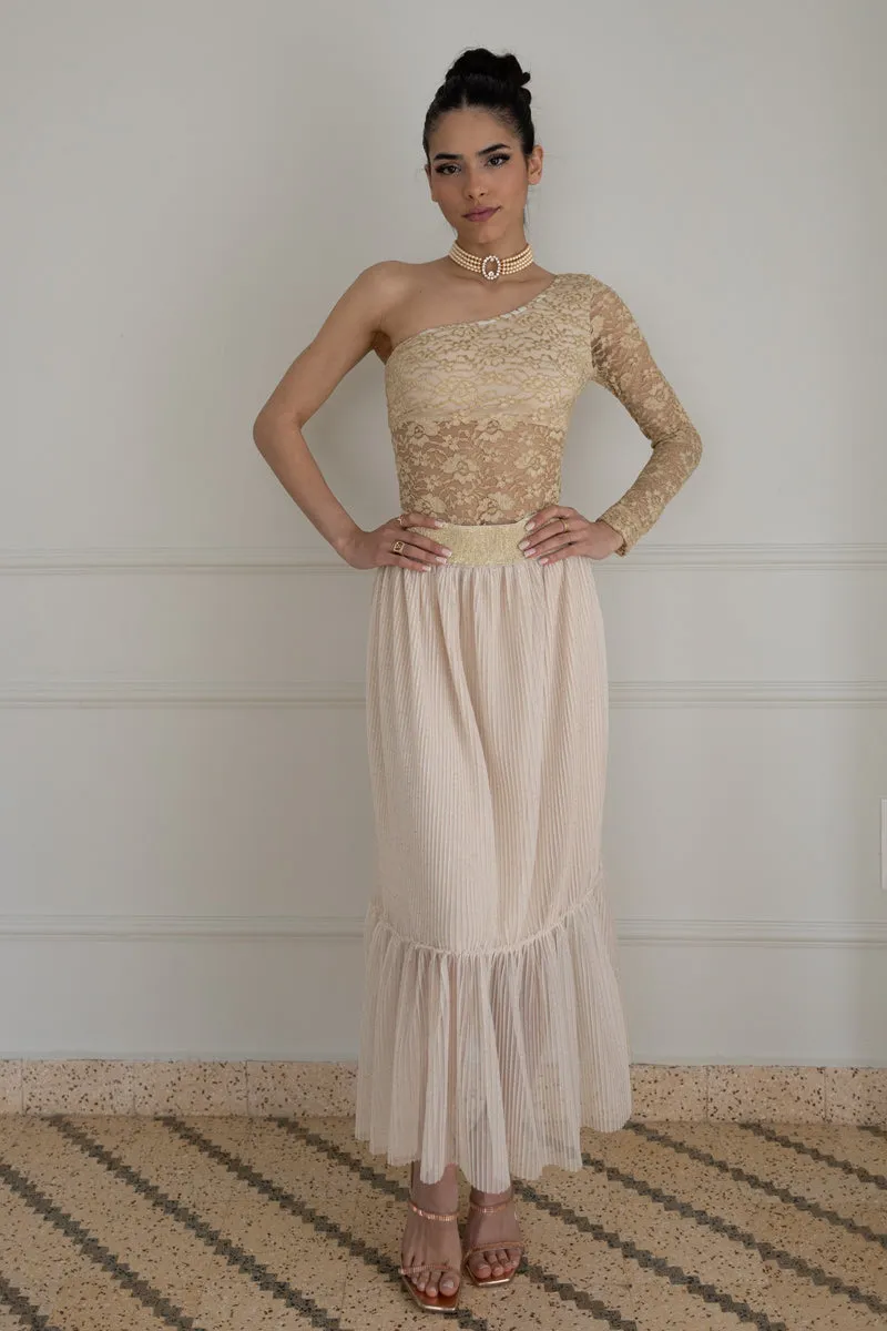 Beige Pleated Tulle Maxi Prairie Skirt (S)