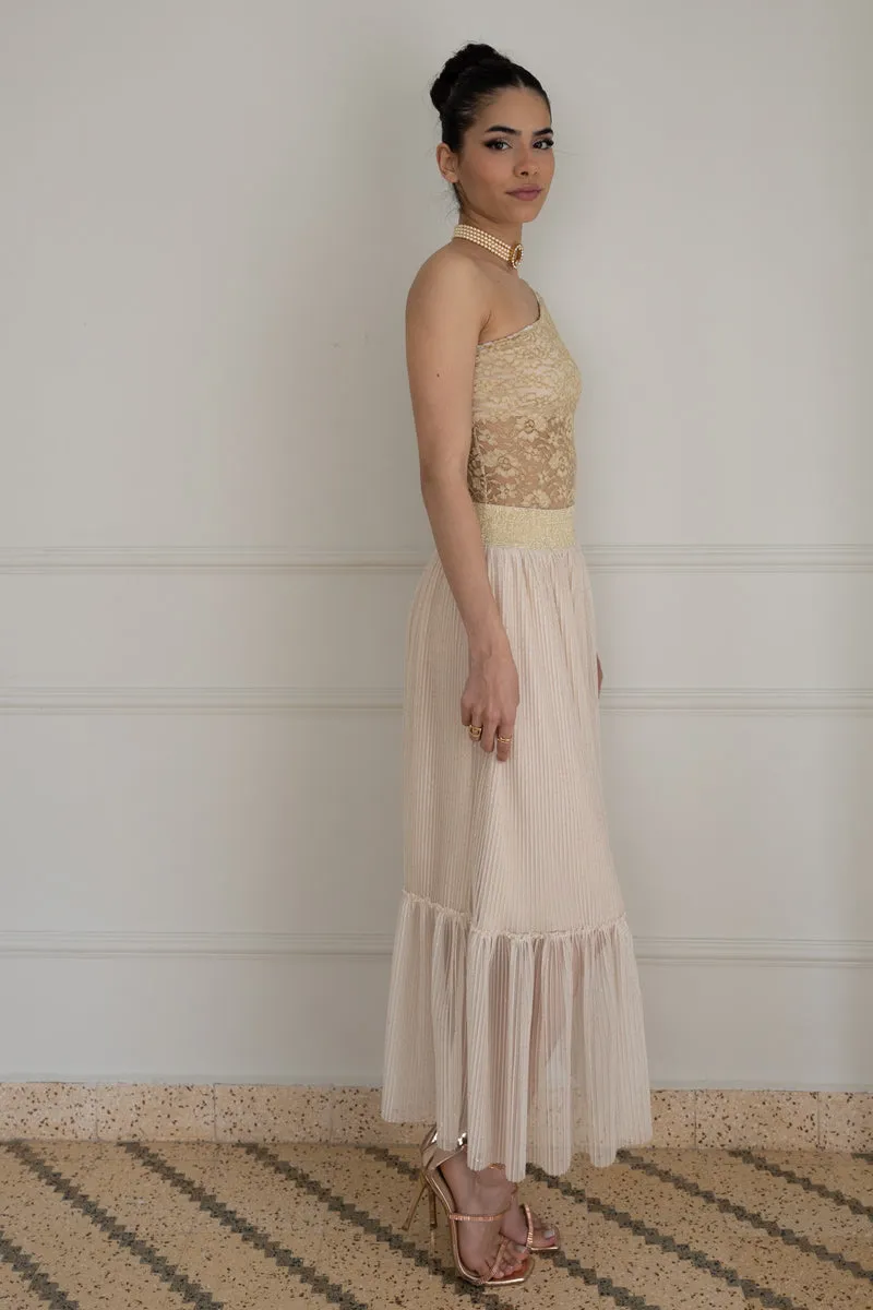 Beige Pleated Tulle Maxi Prairie Skirt (S)