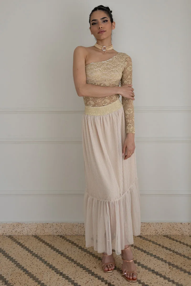 Beige Pleated Tulle Maxi Prairie Skirt (S)