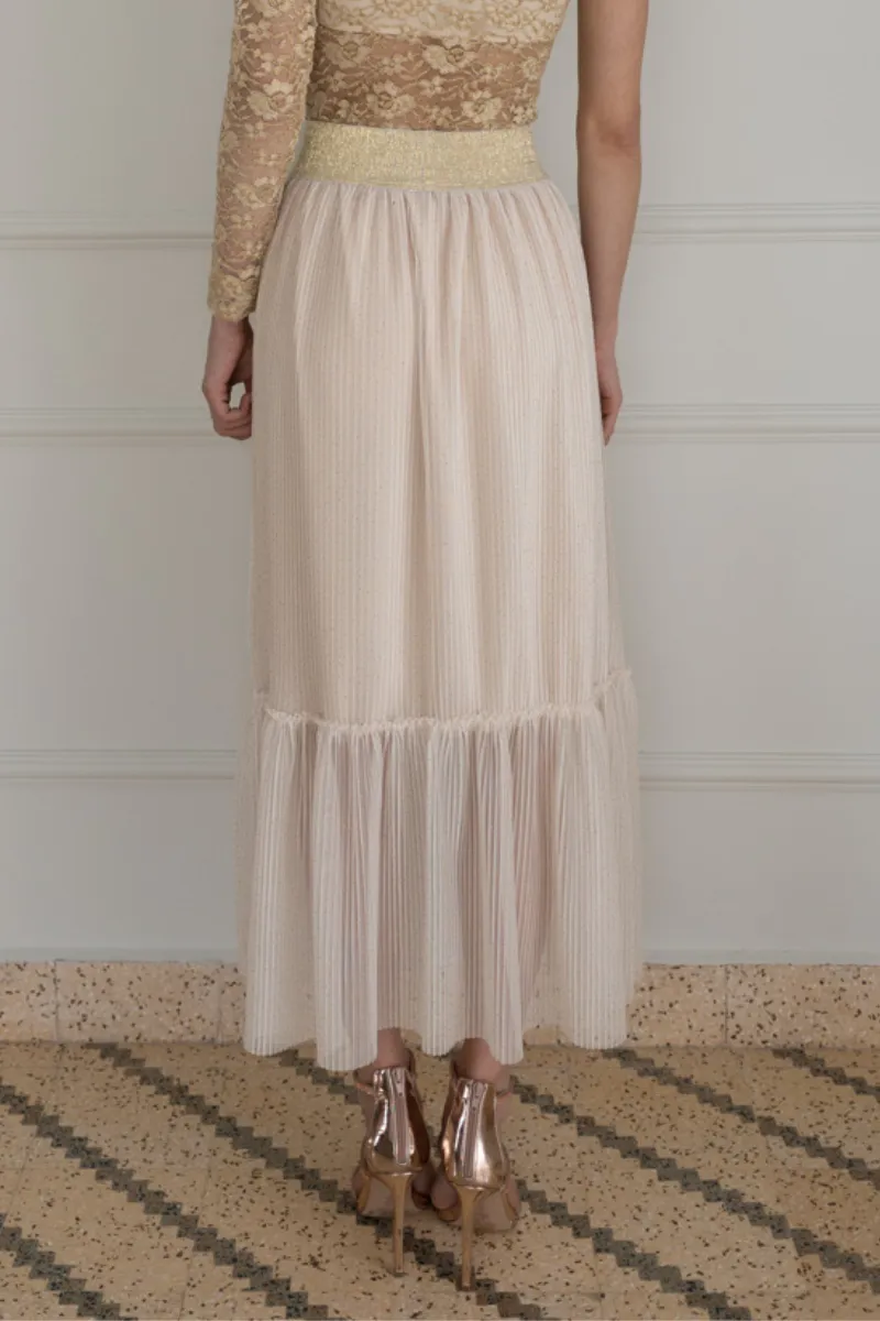 Beige Pleated Tulle Maxi Prairie Skirt (S)