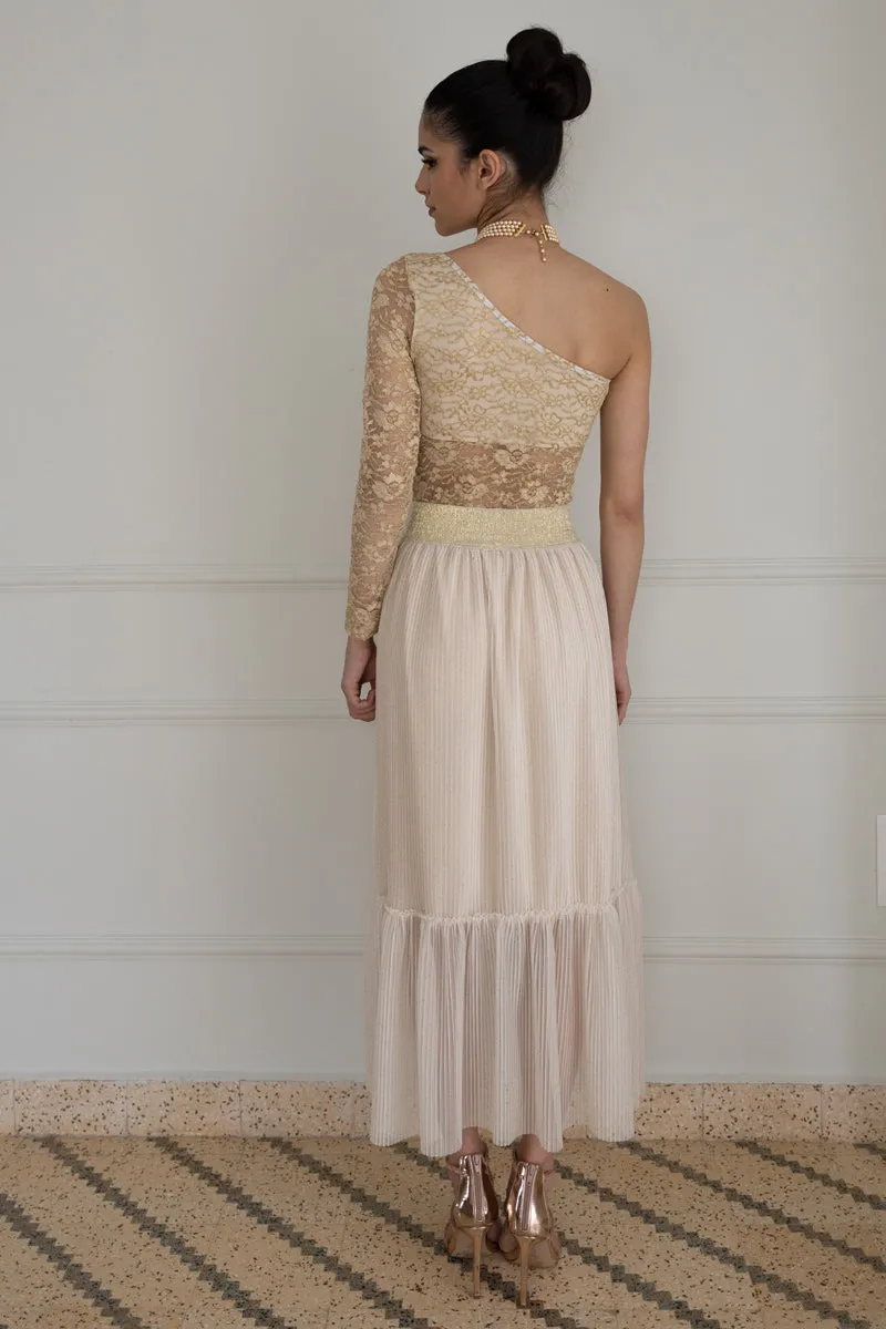 Beige Pleated Tulle Maxi Prairie Skirt (S)