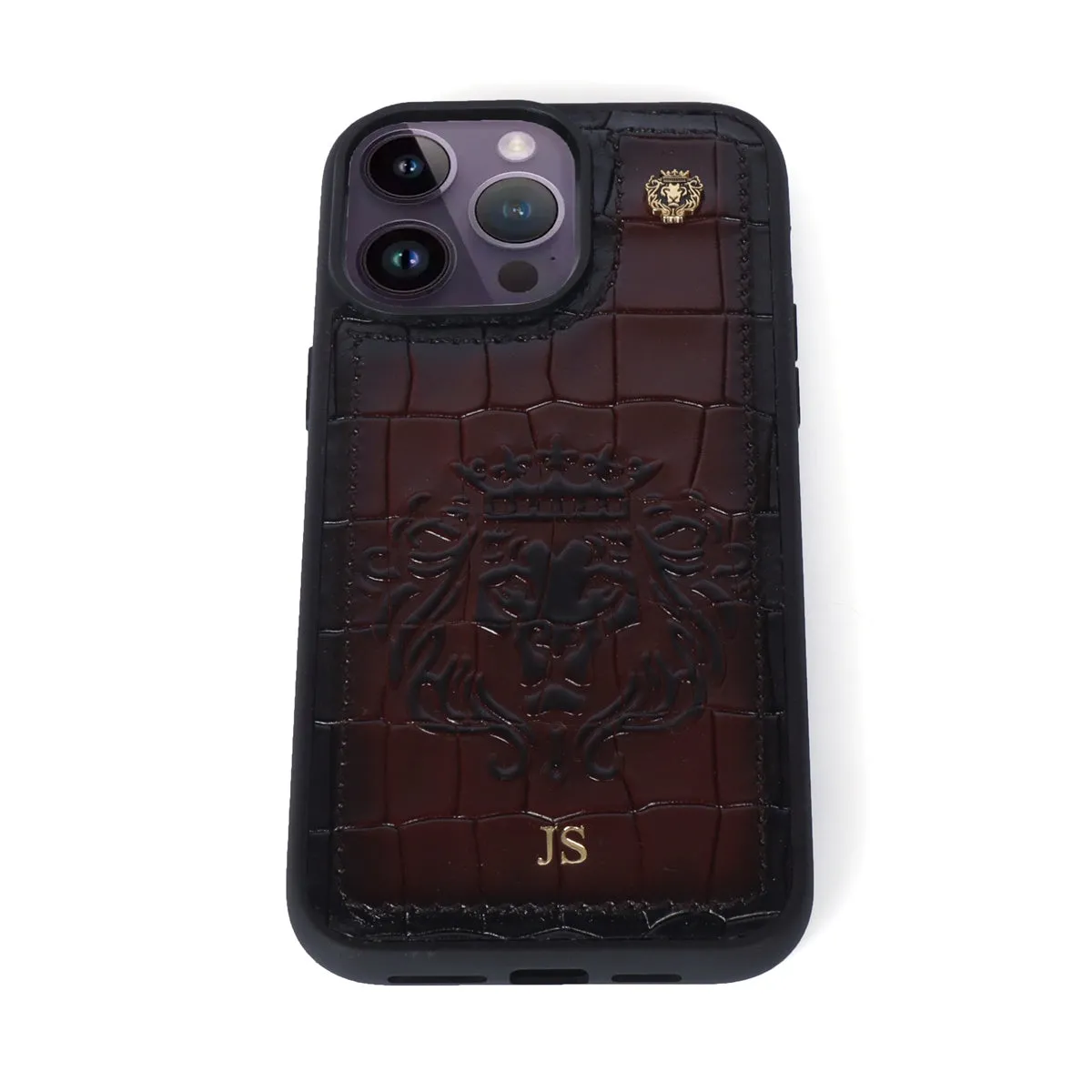 Bespoke Embossed Initial Apple iPhone 13 Series Black Deep Cut Croco Leather Mobile Cover  by Brune & Bareskin