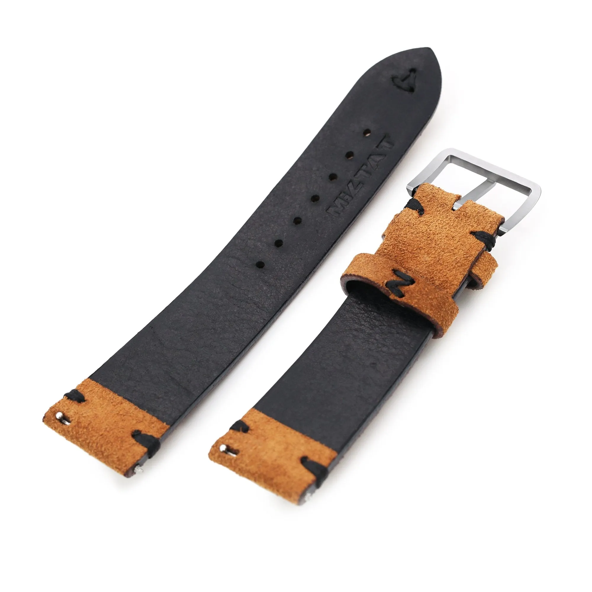 Camel Brown 19mm, 20mm, 21mm, 22mm MiLTAT Quick Release Nubuck Leather Watch Strap, Black Stitching, Sandblasted