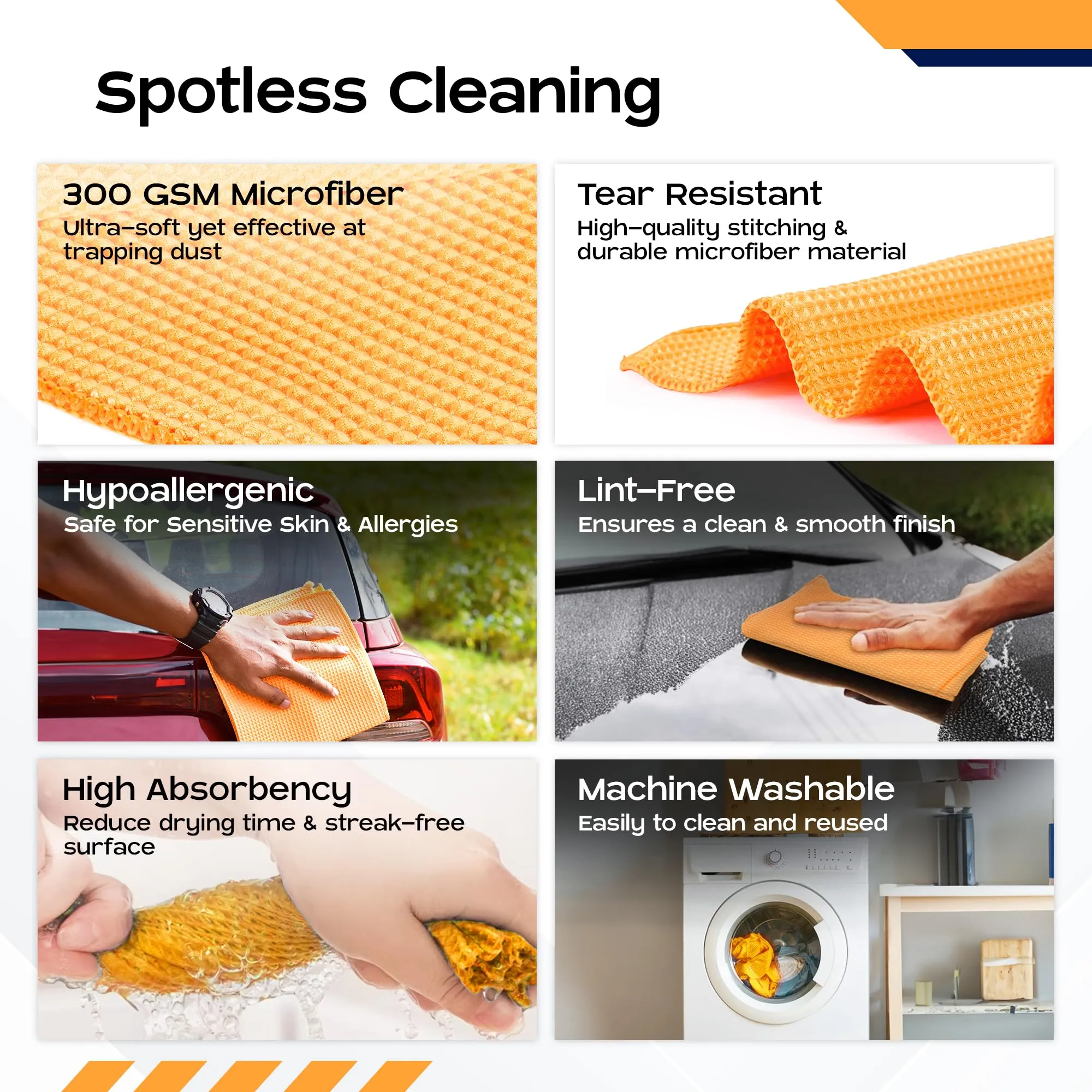 CARBINIC Waffle Microfiber Car Cleaning Cloth | Super Absorbent Car Cleaning Accessories | Multipurpose Cleaning Duster for Interior & Exterior Care | Car Cleaning Kit | 300 GSM | Pack of 2, Orange