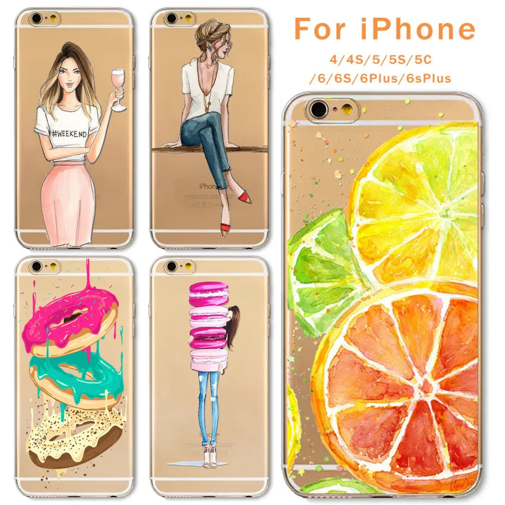 Case For Apple iPhone 6 6s Plus 6Plus  5 5S SE Soft Silicon TPU Transparent Fruit Grils Macaron Dessert Phone Capa Cases