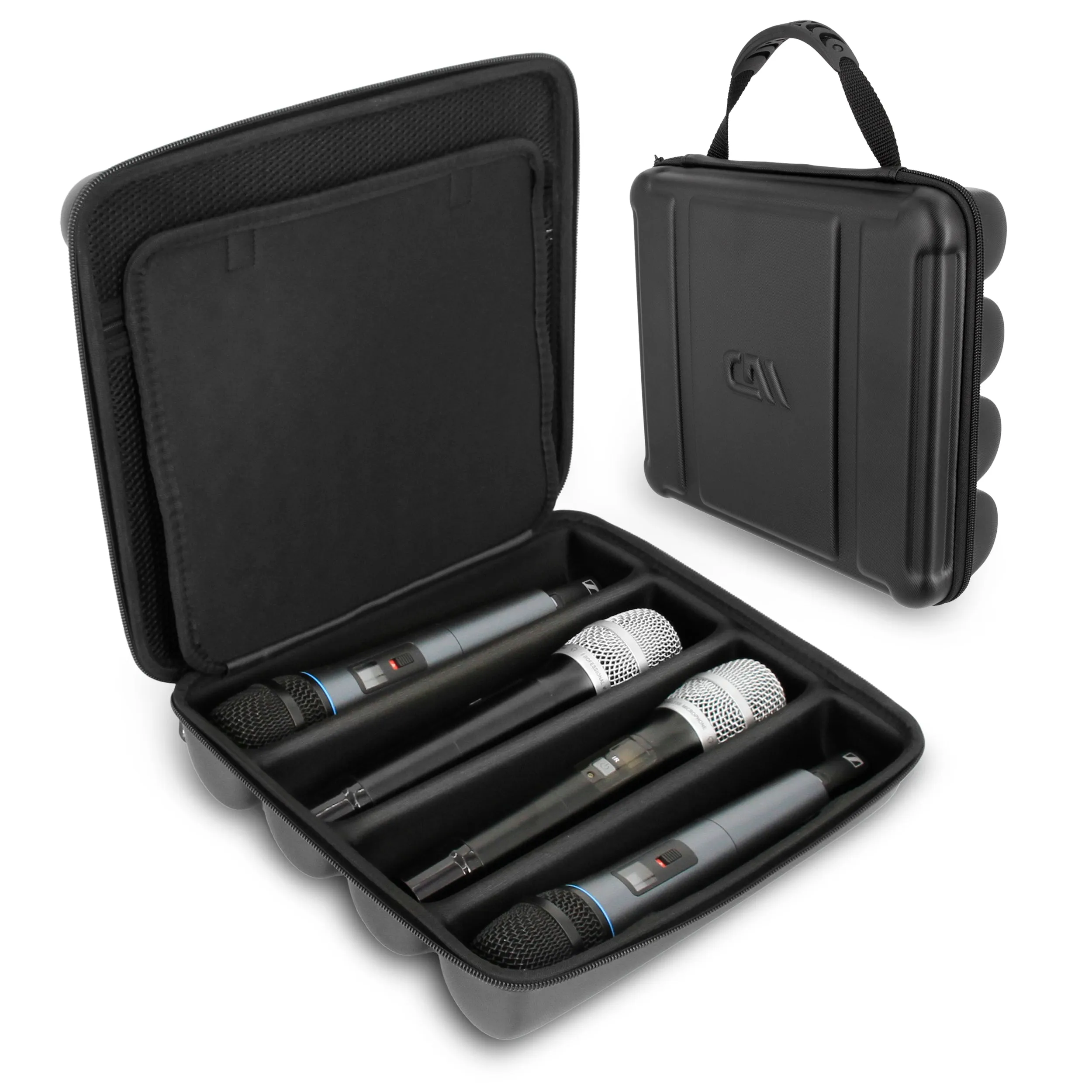 CASEMATIX Wireless Microphone Case Compatible with Four Microphones Up To 10.75" by Sennheiser, Shure and More - Mic Case for Travel with Lid Storage