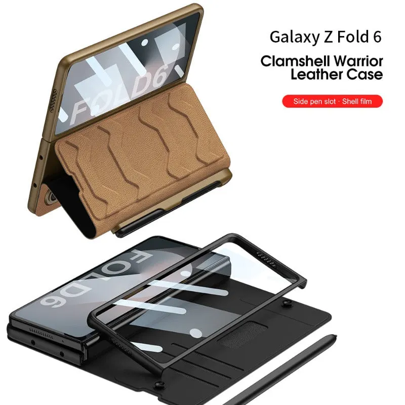 Clamshell Warrior Leather Case with Card Slot Screen Protector For Samsung Galaxy Z Fold 6