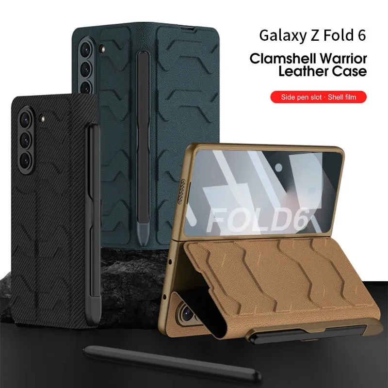 Clamshell Warrior Leather Case with Card Slot Screen Protector For Samsung Galaxy Z Fold 6