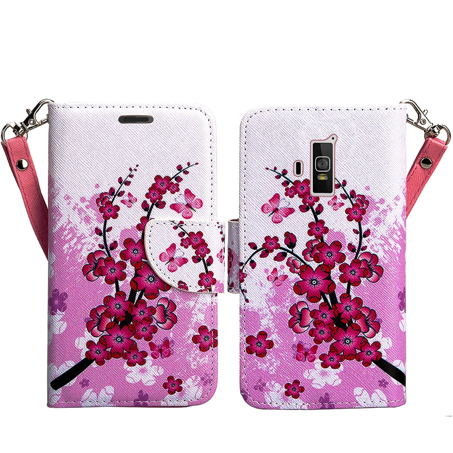 Coolpad Rogue Case,  Wrist Strap Pu Leather Magnetic Flip Fold[Kickstand] Wallet Case with ID & Card Slots for Coolpad Rogue - Cherry Blossom