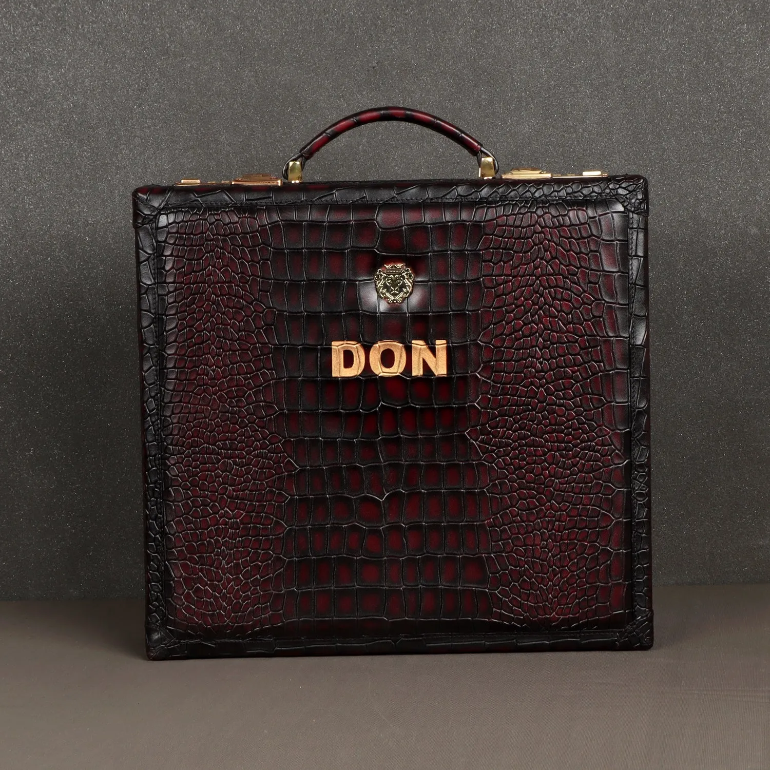 Customized "DON" Metal Initial Smokey Wine Leather 12 Wrist Watch Carry Briefcase By Brune & Bareskin