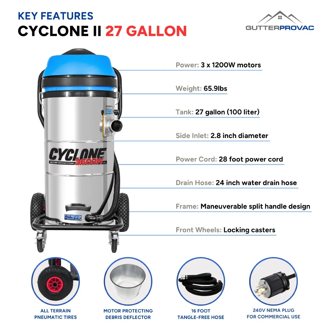 Cyclone II 3600W Stainless Steel 27 Gallon All Terrain Gutter Vacuum with 28 Foot Aluminum Poles and Bag