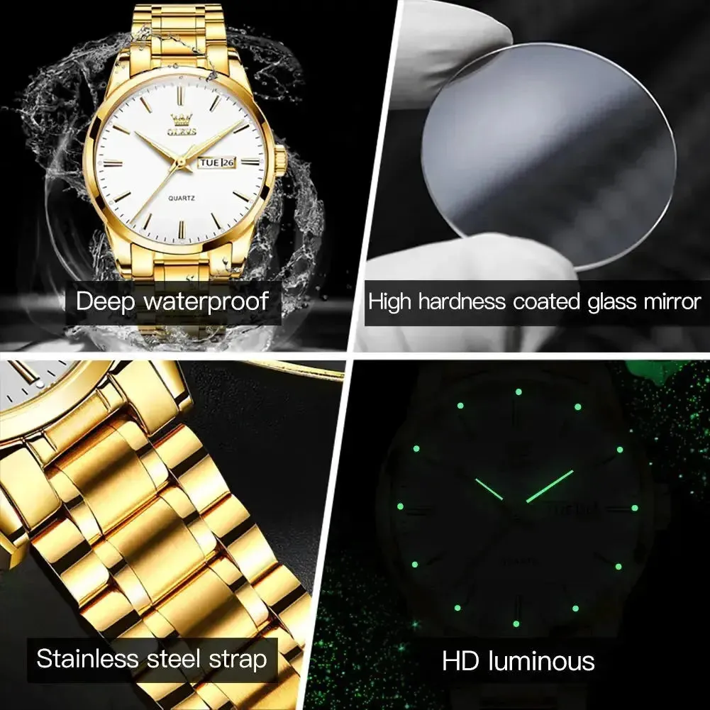 Elegance® 6898 Gold Classic Men Wristwatch Classic Gold Wrist Watches For Top Brand Luxury Business Date Waterproof Luminous Stainless Steel Men Quartz Wristwatch