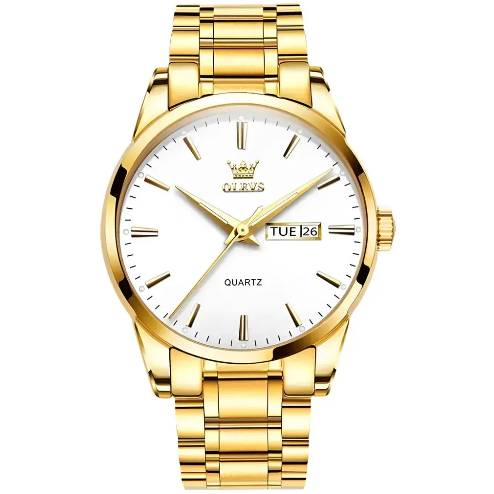 Elegance® 6898 Gold Classic Men Wristwatch Classic Gold Wrist Watches For Top Brand Luxury Business Date Waterproof Luminous Stainless Steel Men Quartz Wristwatch