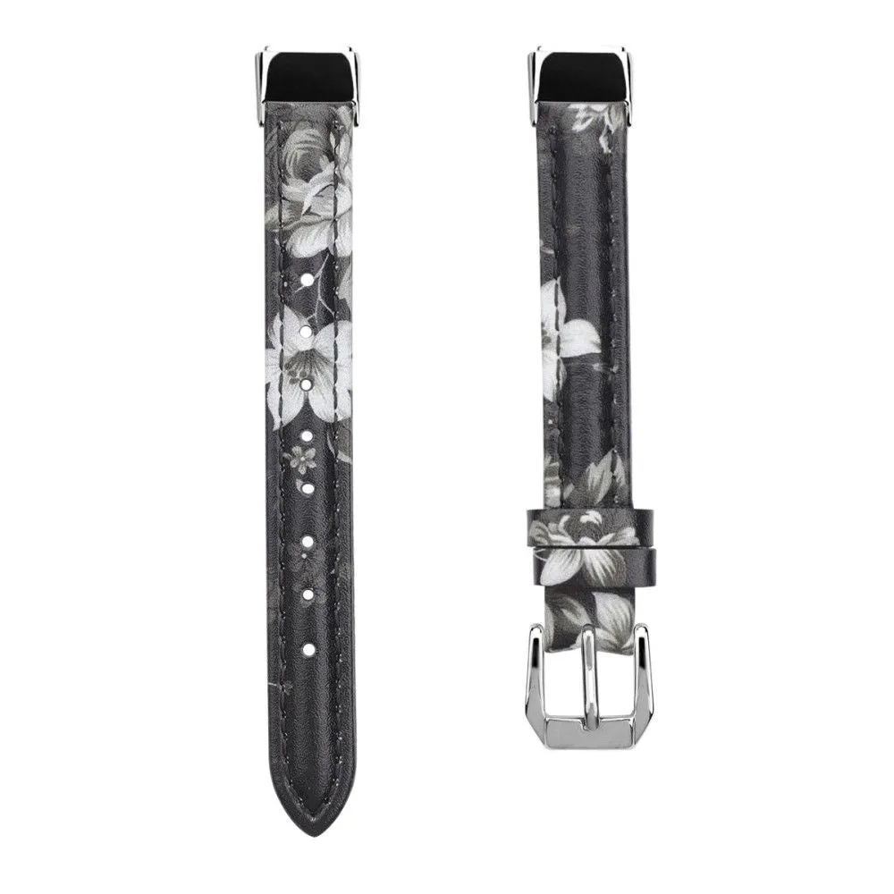 Fitbit Luxe genuine leather watch strap - Black / Grey Flower / Size: L