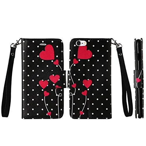 For Apple iPhone 6s Plus Case / 6 Plus Case, Wrist Stap Pu Leather Magnetic Fold[Kickstand] Wallet Case with ID & Card Slots - Polka Dot Hearts