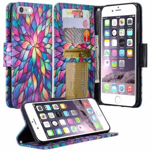 For Apple iPhone 7 Plus Case, Wrist Strap Pu Leather Magnetic Flip Fold[Kickstand] Wallet Case with ID & Card Slots for Iphone 7 Plus - Rainbow Flower