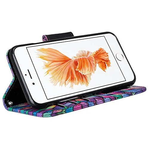 For Apple iPhone 7 Plus Case, Wrist Strap Pu Leather Magnetic Flip Fold[Kickstand] Wallet Case with ID & Card Slots for Iphone 7 Plus - Rainbow Flower