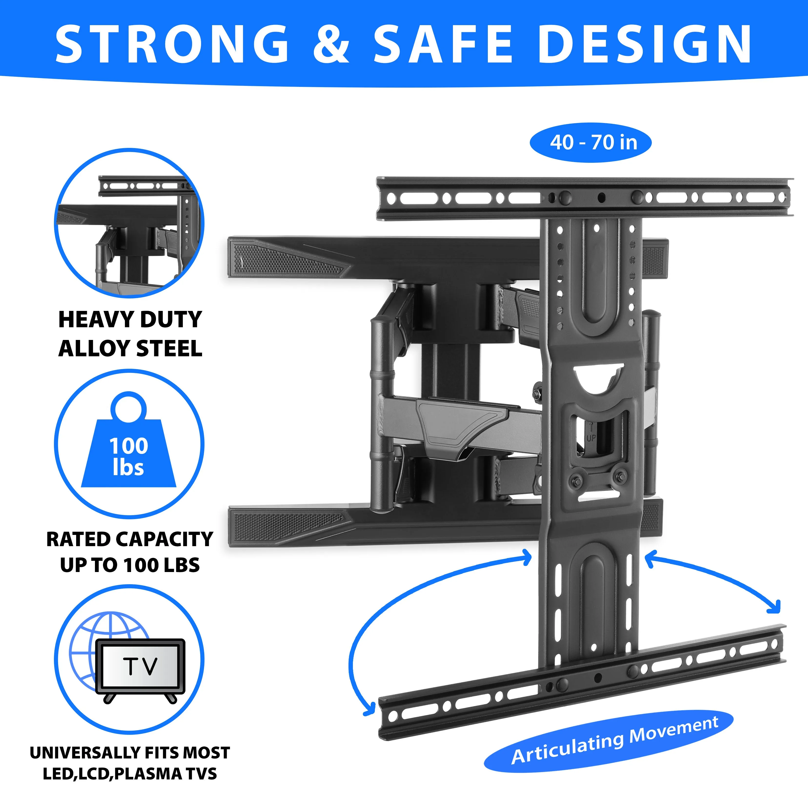 Full Motion Swivel TV Mount 42-70" Screen w/ 10' HDMI Cable