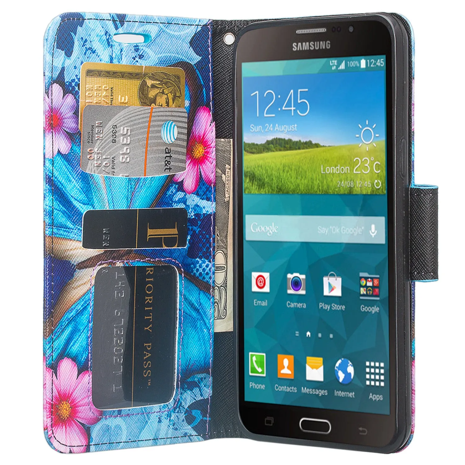 Galaxy Mega 2 Case, Wrist Strap Magnetic Fold[Kickstand] Pu Leather Wallet Case with ID & Credit Card Slots for Samsung Galaxy Mega 2 - Blue Butterfly