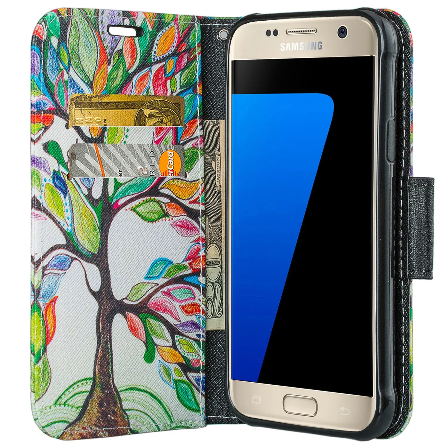 Galaxy S7 Active Case, Wrist Strap Magnetic Fold[Kickstand] Pu Leather Wallet Case with ID & Credit Card Slots for Samsung Galaxy S7 Active - Colorful Tree