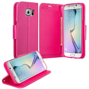 Galaxy S7 Case, Double Fold Wallet Case, Wrist Strap Flip Folio [Kickstand Feature] Pu Leather Wallet Case with ID & Credit Card Slot For Galaxy S7 - Hot Pink