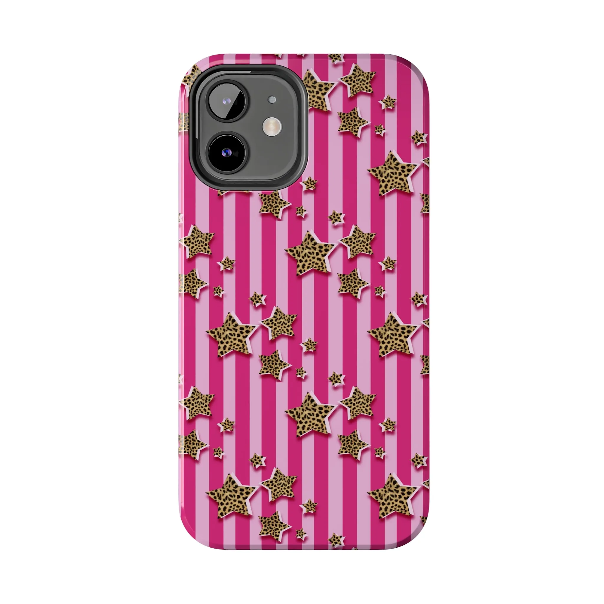 Girly Cheetah Stars and Pink Stripes Design Phone Case- Lightweight, Impact Resistant Cover for iPhone 6, 6s, 12, 13, 14, 15