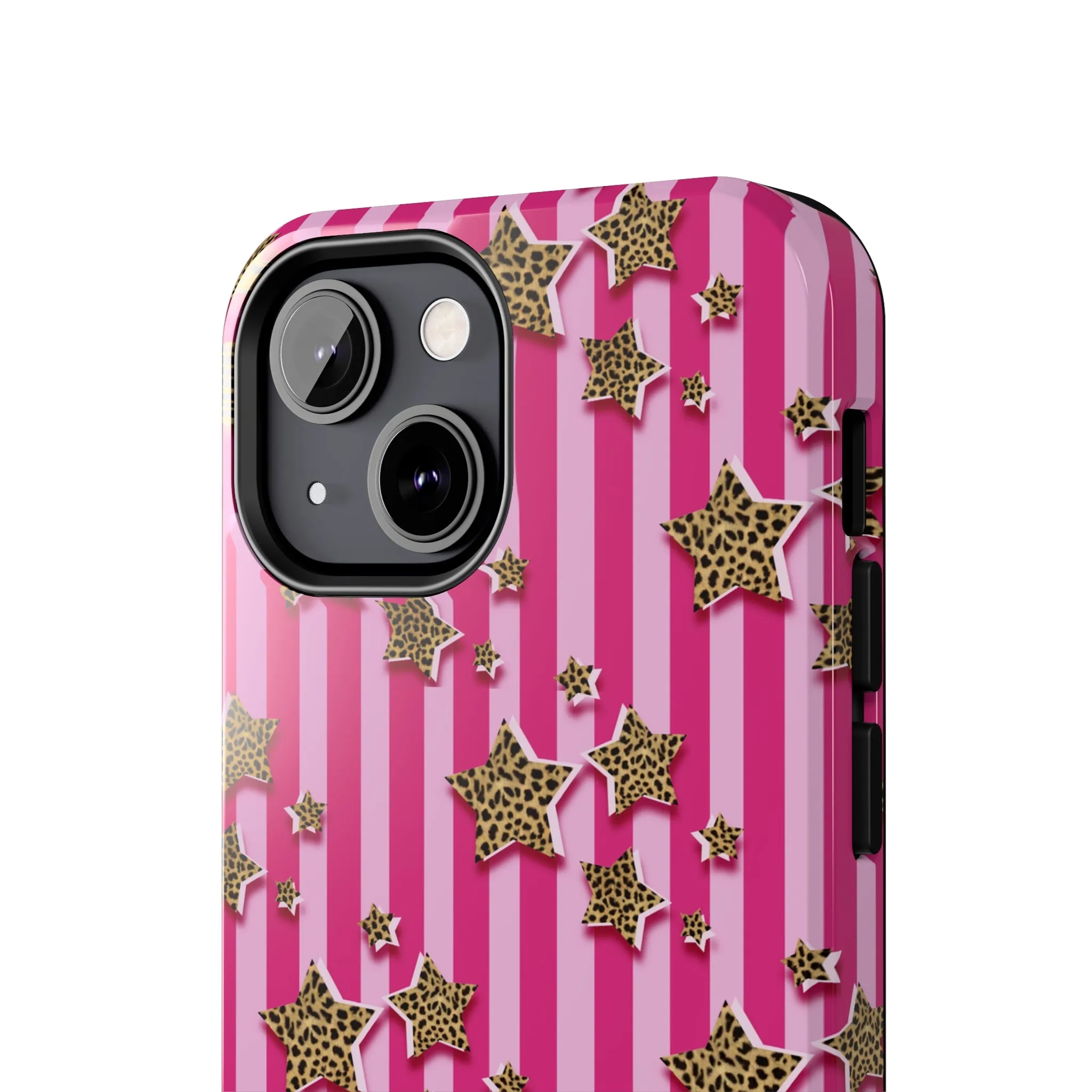 Girly Cheetah Stars and Pink Stripes Design Phone Case- Lightweight, Impact Resistant Cover for iPhone 6, 6s, 12, 13, 14, 15