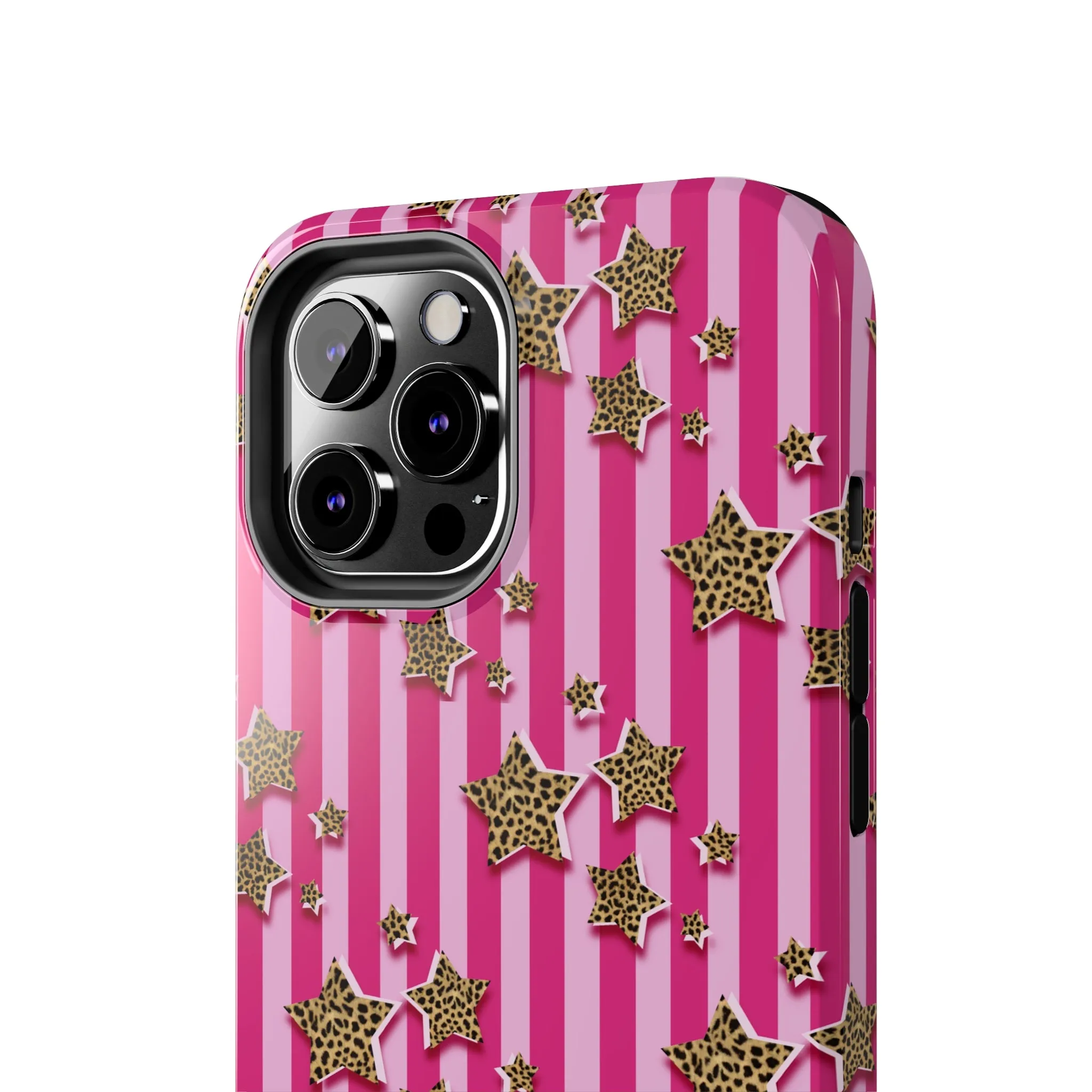 Girly Cheetah Stars and Pink Stripes Design Phone Case- Lightweight, Impact Resistant Cover for iPhone 6, 6s, 12, 13, 14, 15