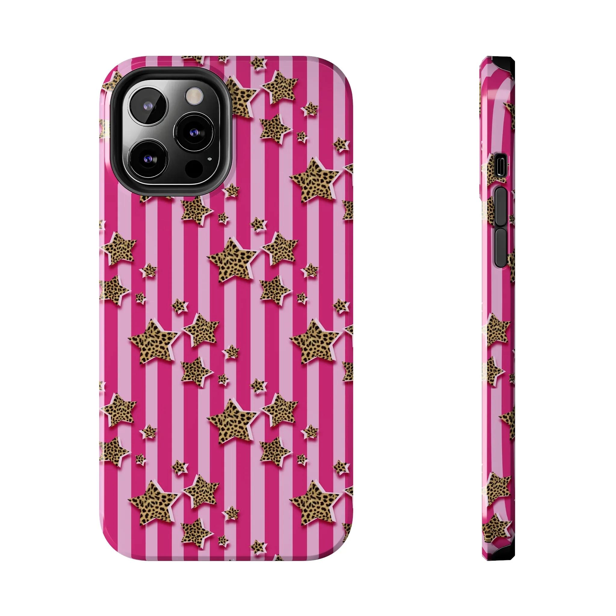 Girly Cheetah Stars and Pink Stripes Design Phone Case- Lightweight, Impact Resistant Cover for iPhone 6, 6s, 12, 13, 14, 15