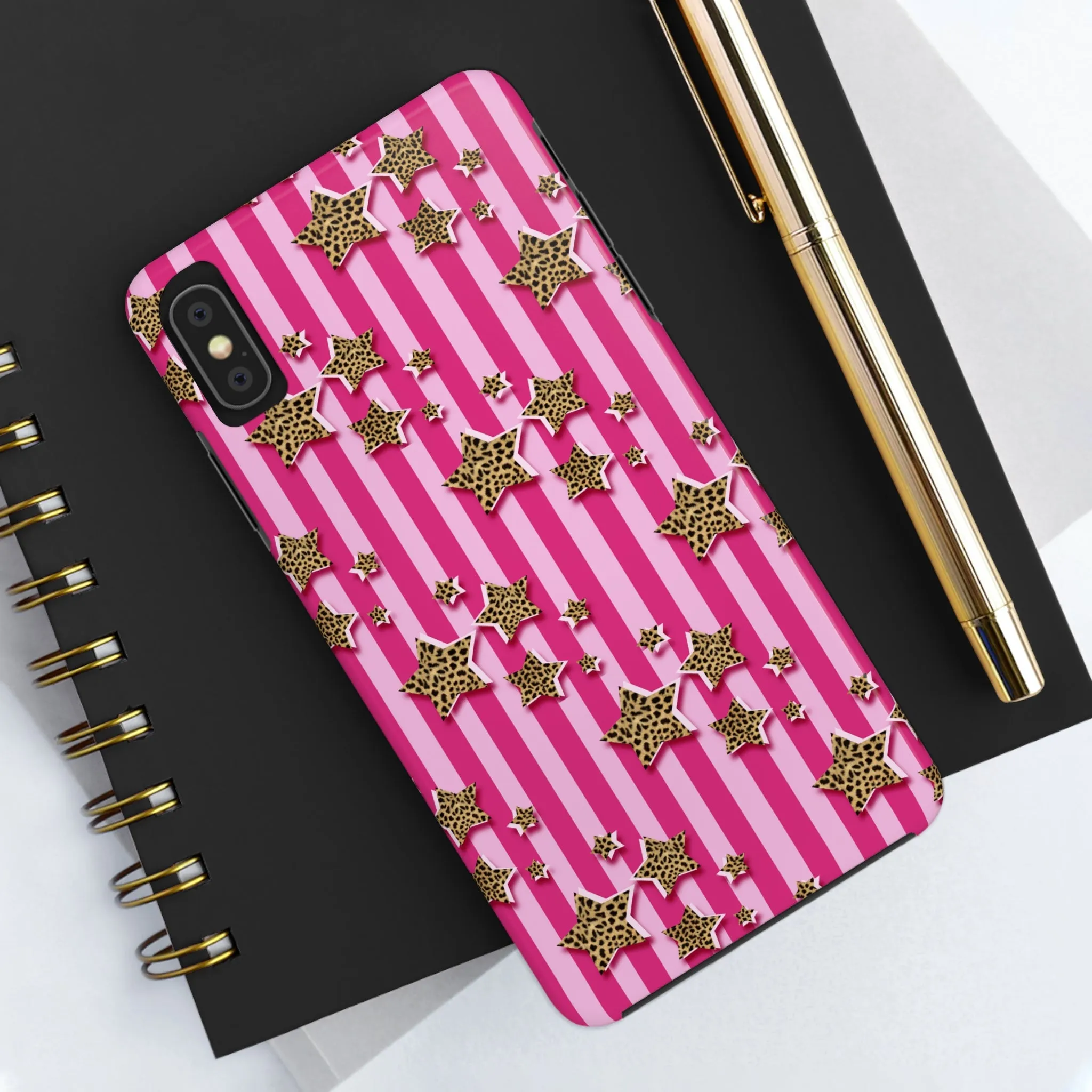 Girly Cheetah Stars and Pink Stripes Design Phone Case- Lightweight, Impact Resistant Cover for iPhone 6, 6s, 12, 13, 14, 15