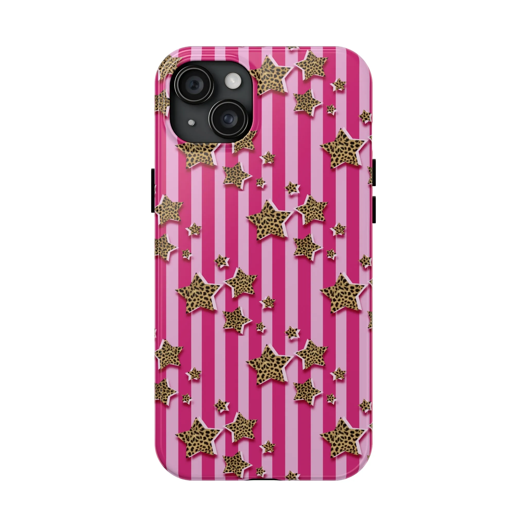 Girly Cheetah Stars and Pink Stripes Design Phone Case- Lightweight, Impact Resistant Cover for iPhone 6, 6s, 12, 13, 14, 15